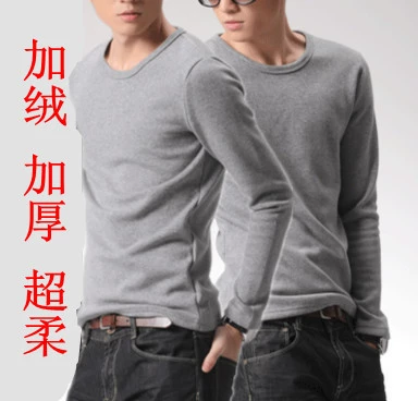 Мужская осенне-зимняя однотонная облегающая теплая футболка с круглым вырезом и длинными рукавами Утолщенная Базовая рубашка на флисовой подкладке больших размеров