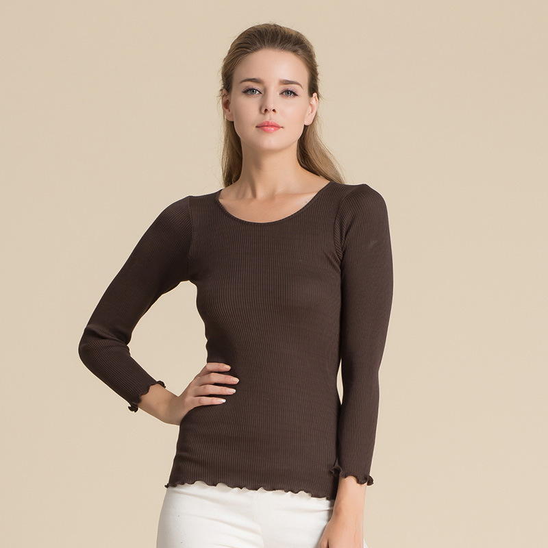 Womens 100 Mulberry Silk Ribbed Knit Top Long Sleeve Round Neck Lightweight Fall Fashion Essential Wholesale