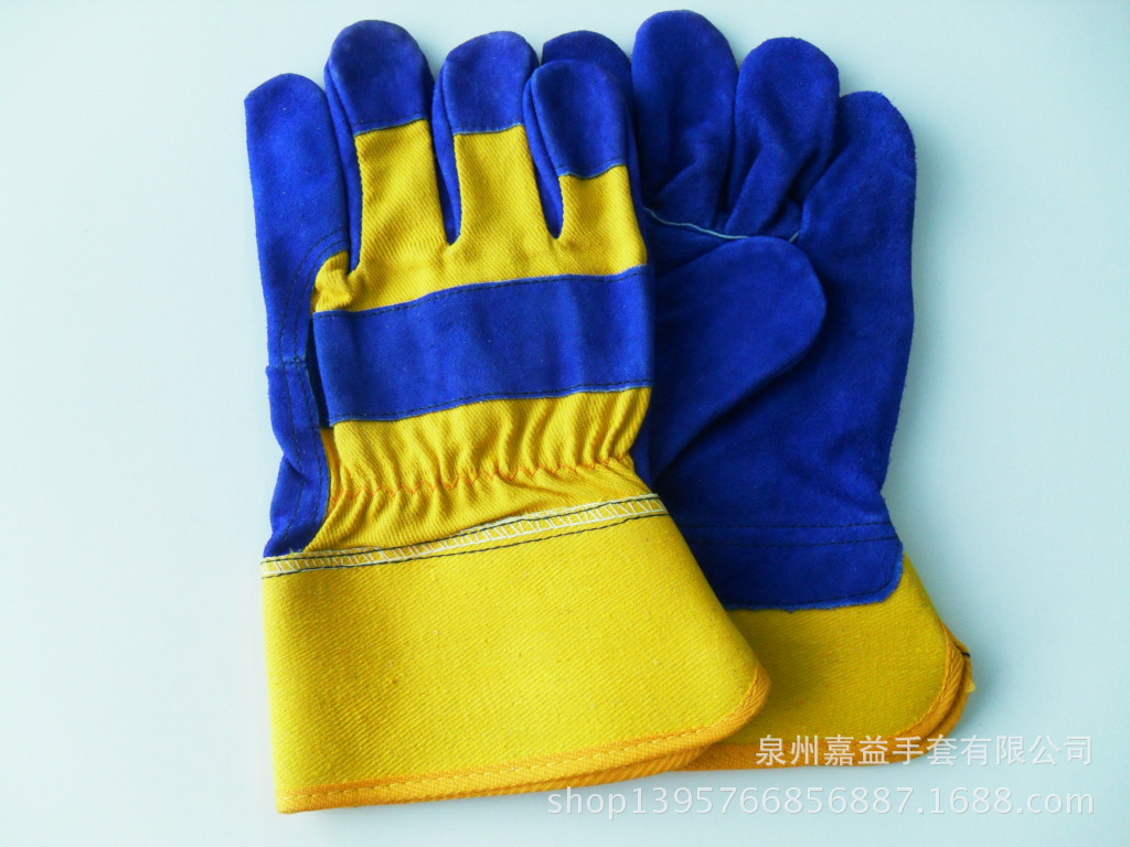 宝蓝牛二层皮黄布胶袖手套