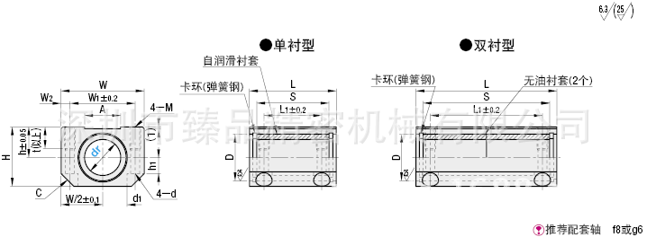 1144無油襯套方型固定座組件 加寬緊湊型