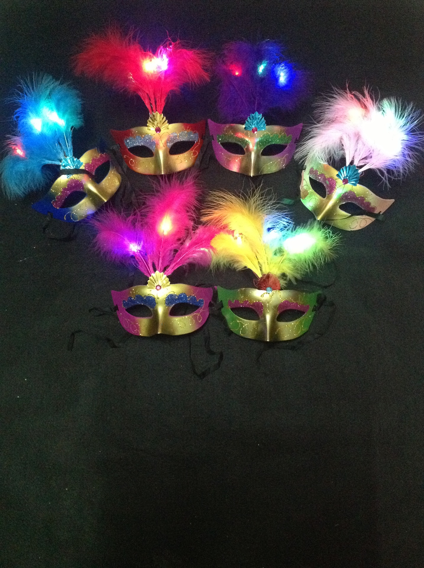 三根绒毛闪光面具 金粉公主绒毛LED发光面具 带灯羽毛喷漆面具