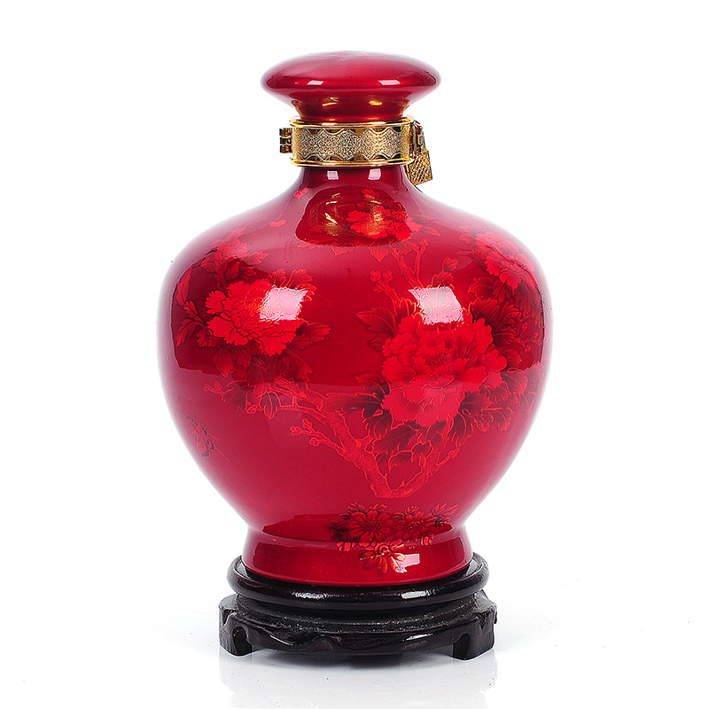 景德鎮陶瓷泡酒瓶 五斤裝紅水晶牡丹花蘑菇酒瓶 5斤陶瓷密封酒瓶
