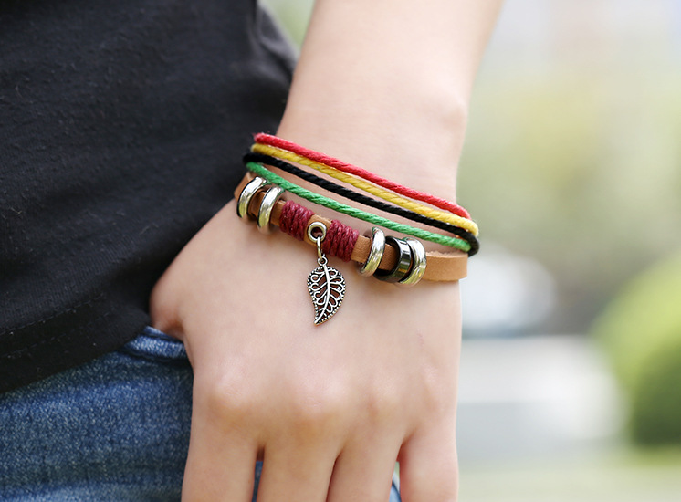 Fashion men and women leather bracelet leaf pendant handmade leather bracelet