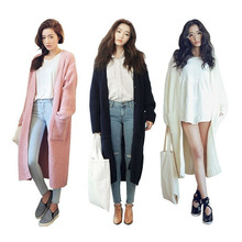 韓國代購2020秋裝新款毛衣外套寬松顯瘦粉色超長款毛衣開衫女針織