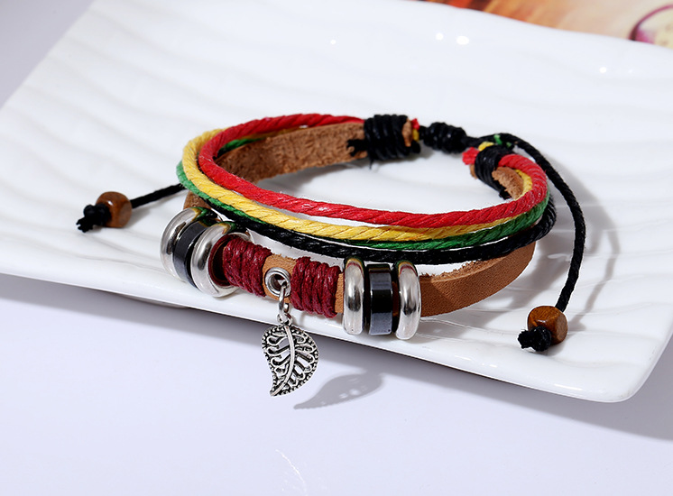 Fashion men and women leather bracelet leaf pendant handmade leather bracelet