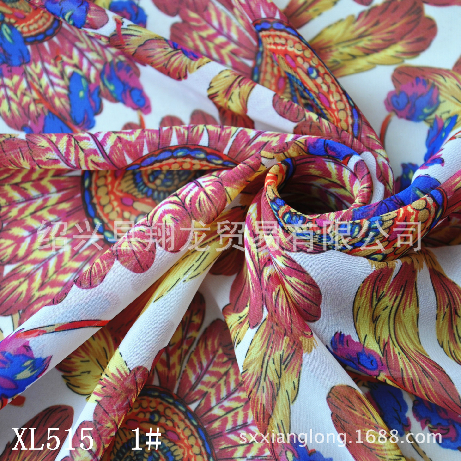 【翔龙印花 XL515】夏季新品 欧美简约时尚羽毛印花雪纺