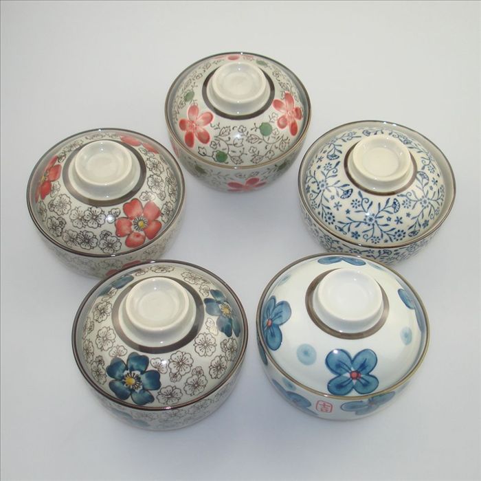 日式和风陶瓷手绘釉下彩 4.5寸盖碗 碗汤碗青花碗粥碗家庭套装