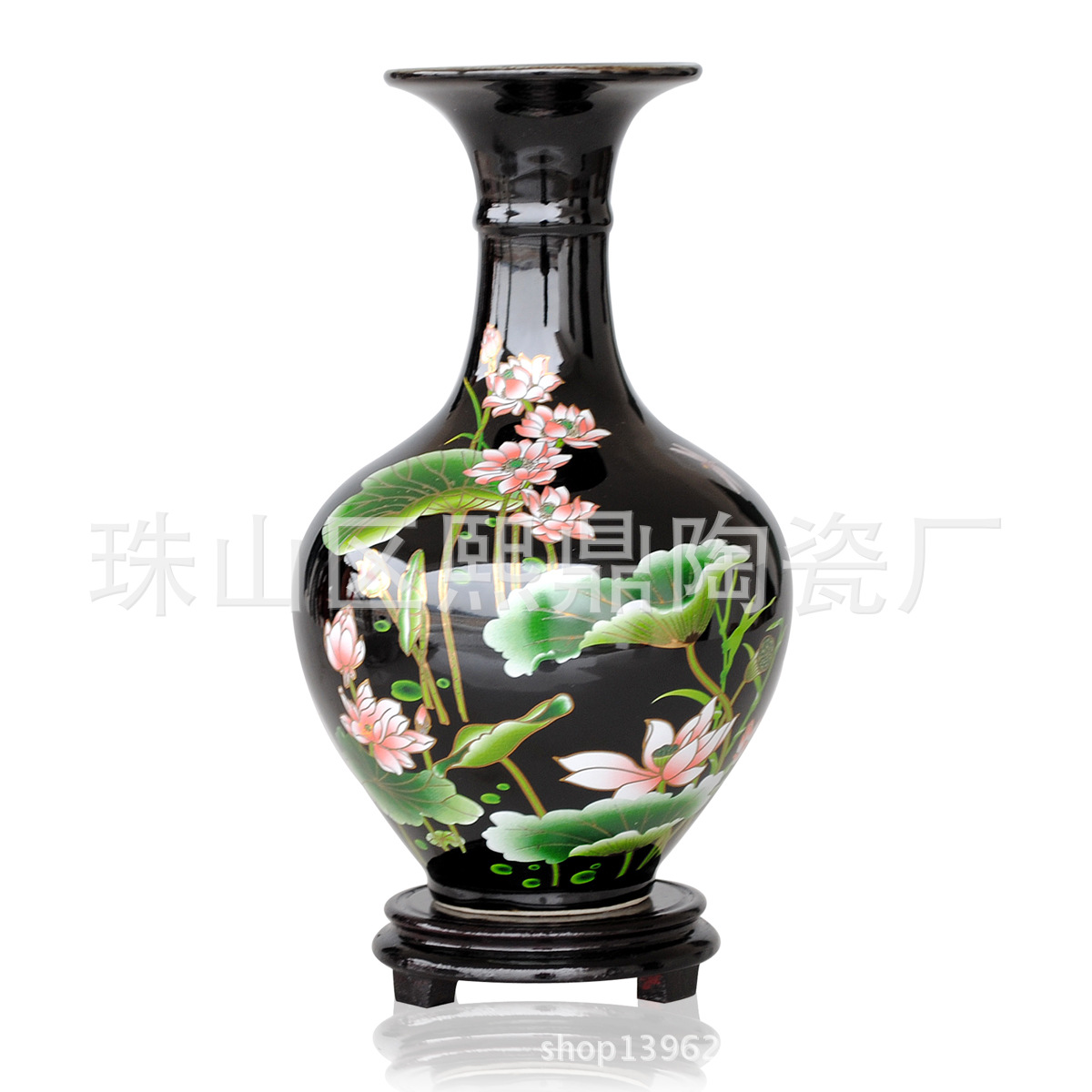 景德镇陶瓷器 乌金釉粉彩荷花莲花玉壶春 花瓶 装饰品