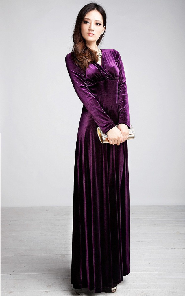 V-Neck Long-Sleeved Gold Velvet Long Dress NSYF47038