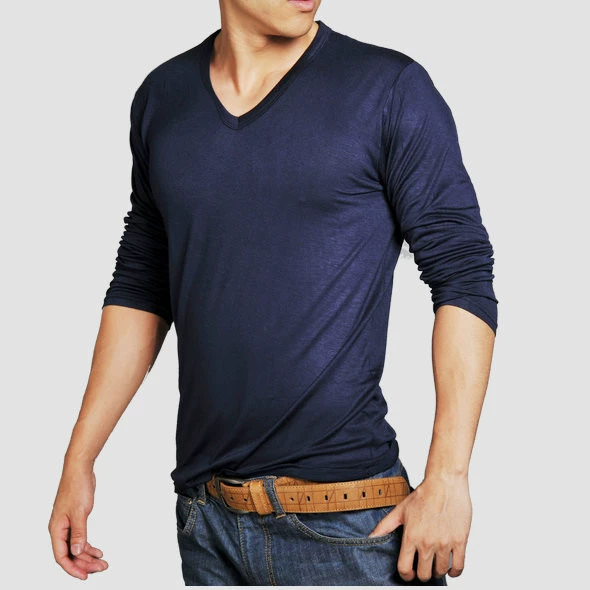 Оптовая Модальная Мужская Базовая рубашка с тонким V-образным вырезом, Мужская узкая футболка с длинным рукавом, нижнее белье
