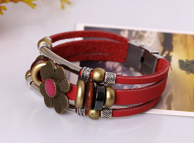 Hot selling beaded stainless steel buckle leather bracelet with adjustable length vintage handmade l