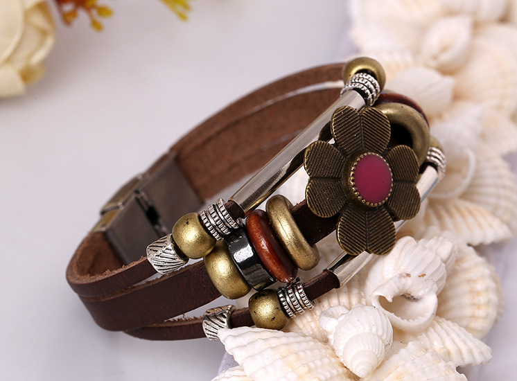 Hot selling beaded stainless steel buckle leather bracelet with adjustable length vintage handmade l