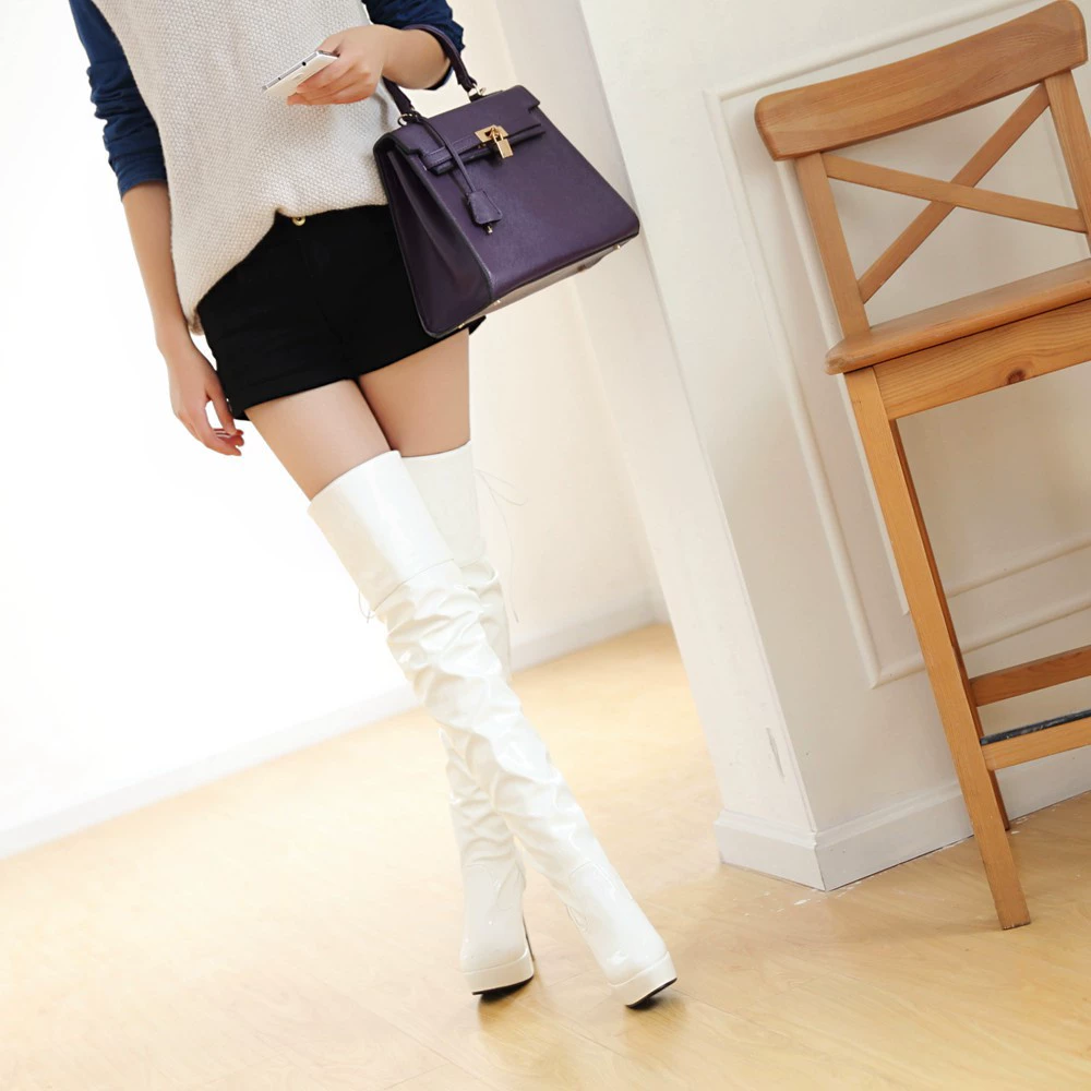 Оптовые европейские и американские женские сапоги в стиле хип-хоп из лакированной кожи, стальные танцевальные сапоги, ремонт ног, Сапоги выше колена, сексуальные сапоги на массивном каблуке, размер агента