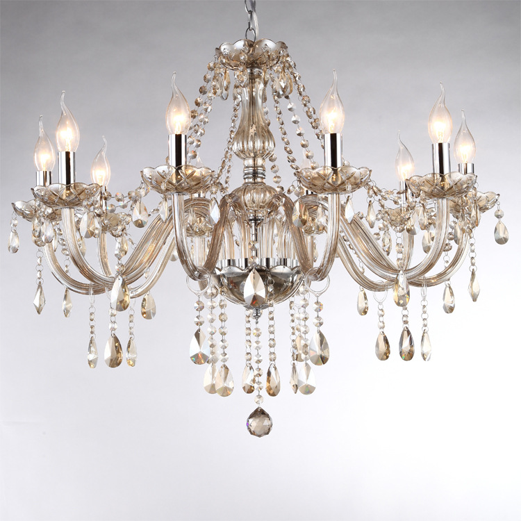 Color coñac con pantalla Lámpara de araña de cristal de 6 cabezas Lámpara de vela Lámpara de ingeniería de hotel Sala de estar Comedor Lámpara de escalera Lámpara de vidrio