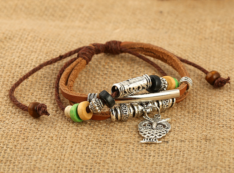 Owl Pendant Beaded Leather Bracelet Men's Multi-layer Leather Bracelet display picture 1