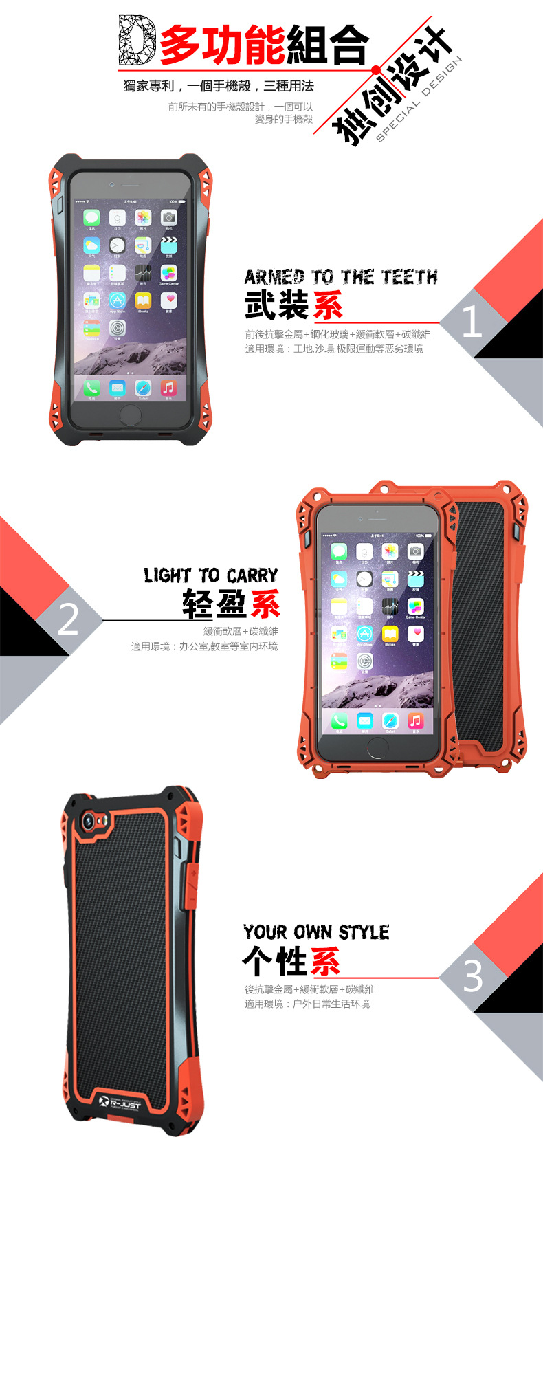 R-JUST Amira Heavy Duty Dirtproof Shockproof Rainproof Aluminum Metal Bumper Carbon Fiber Back Cover Case for Apple iPhone 6S/6 & iPhone 6S Plus/6 Plus & iPhone SE/5S/5