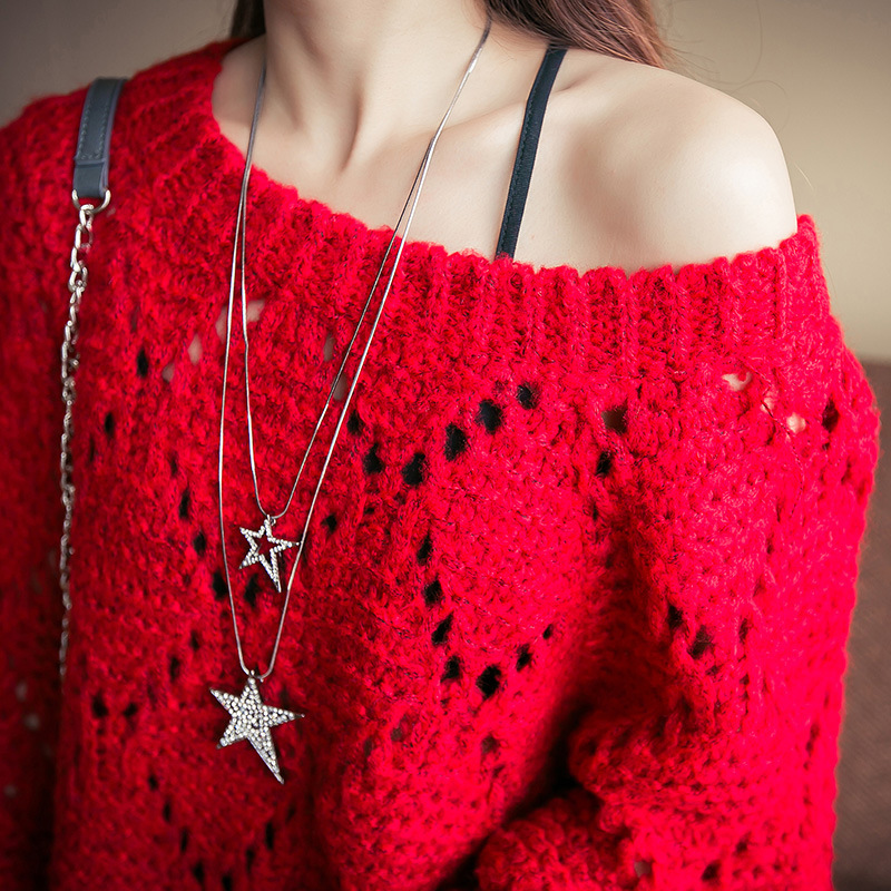 Korean Edition new pattern Five-pointed star sweater chain double-deck star chain have more cash than can be accounted for Necklace Hollow diamond Jewelry