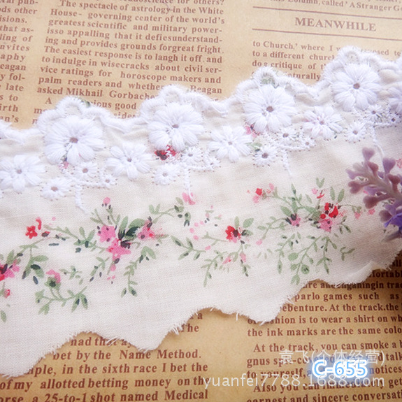 C-655小菊花DIY服装辅料印花碎花全纯棉布刺绣花边6厘米批发混批