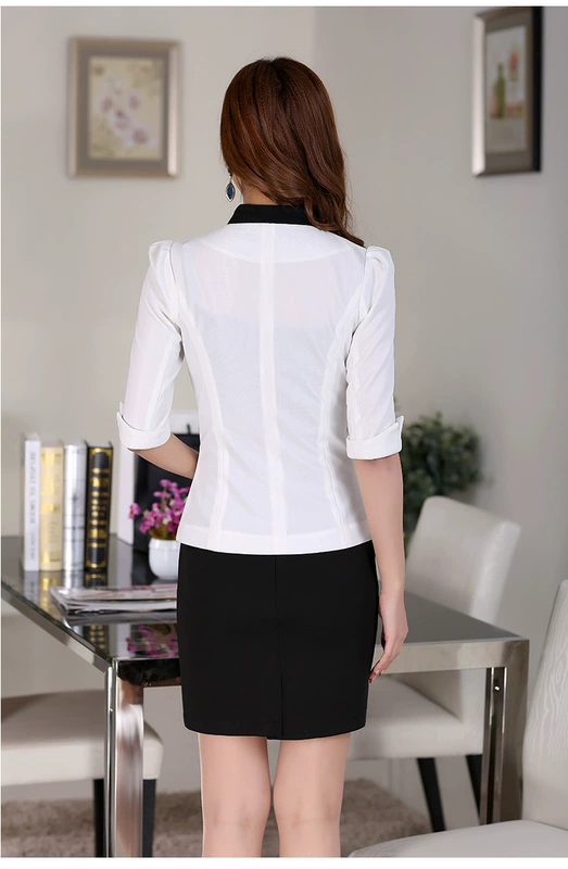Áo sơ mi nữ năm điểm 2014, tay áo, phần cổ chữ V, áo khoác vest nhỏ, màu trắng đen tương phản, trang phục nữ chuyên nghiệp - Business Suit