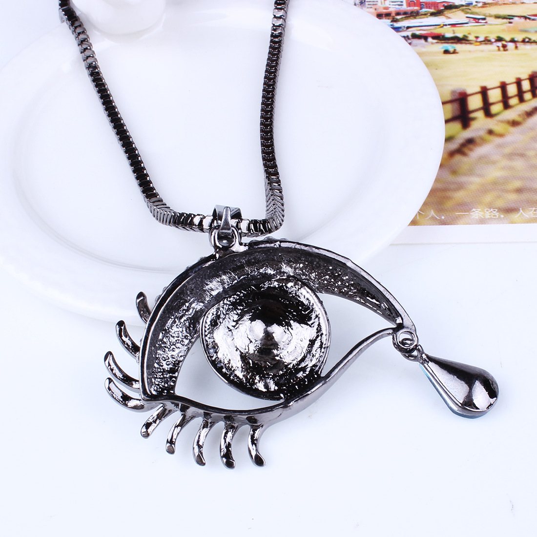 Fashion Blue Eyes Crystal Teardrop Angel Tear Sweater Chain Long Necklace Wholesale Nihaojewelry display picture 4