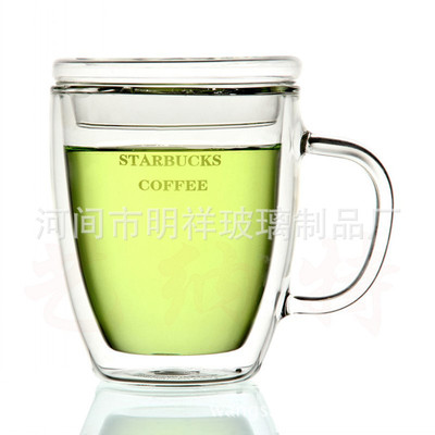 耐熱玻璃辦公杯 玻璃雙層咖啡隔熱防燙手水杯 帶把大容量帶蓋批發