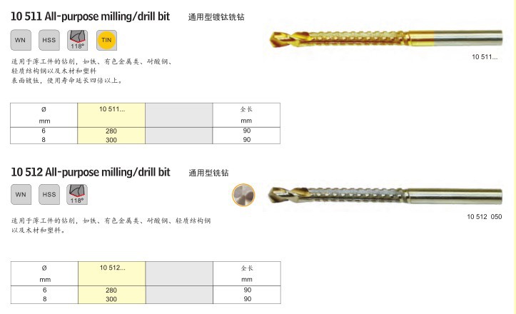 沃施莱格 10511All-purpose milling/drill bit通用型镀钛铣钻