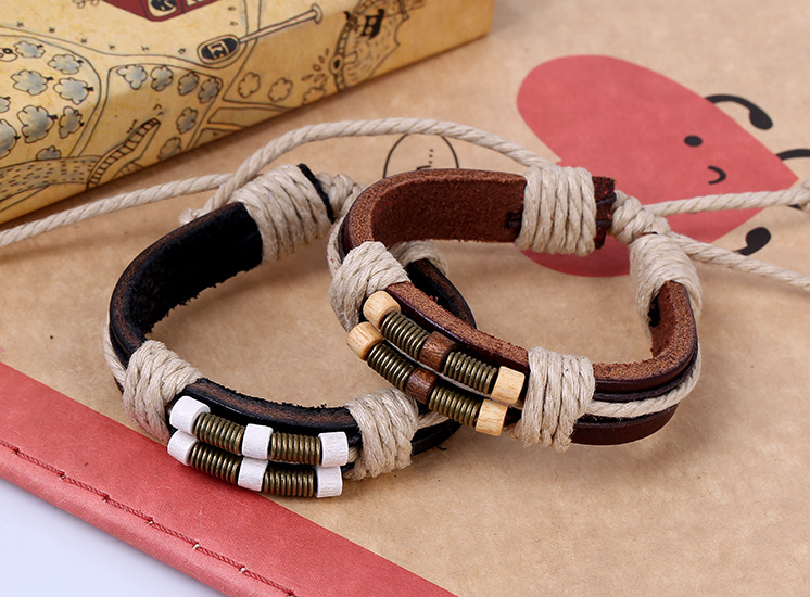 New style leather bracelet bronze spring wood beads leather bracelet wholesale woven bracelet retro 