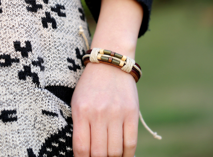 New style leather bracelet bronze spring wood beads leather bracelet wholesale woven bracelet retro 