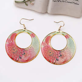 小额批发 跨境时尚牡丹花耳环 耳坠 复古电脑片彩绘耳饰 可定制