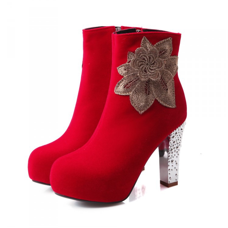 2014秋冬新款女靴子花朵側拉鏈超高跟短靴紅色婚鞋裸靴廠_d
