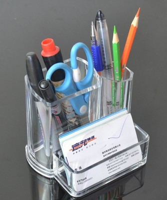三合一水晶透明笔筒 笔座带名片盒  文具收纳盒2132
