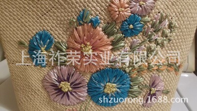 厂家订做刺绣加工 PP草编织花 手工珠花 拉菲草手缝花 网纱亮片绣|ms