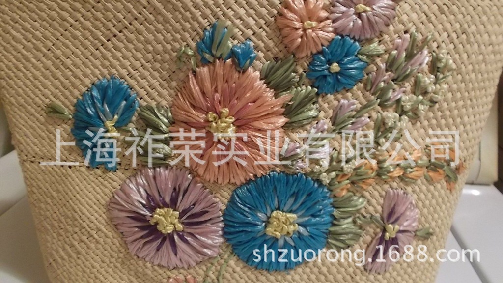 厂家订做刺绣加工 PP草编织花 手工珠花 拉菲草手缝花 网纱亮片绣|ms