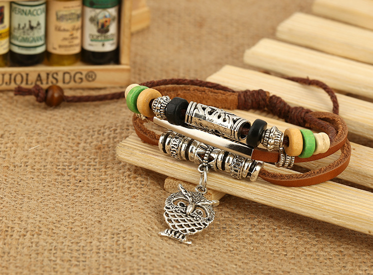 Owl Pendant Beaded Leather Bracelet Men's Multi-layer Leather Bracelet display picture 3