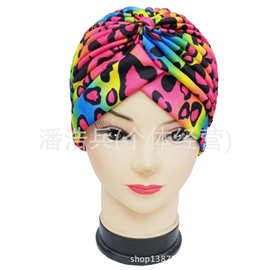现货批发穆斯林防风月子包头彩色豹纹嘻哈印花手工微弹力印度帽子