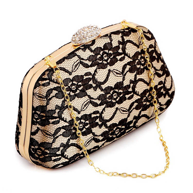 Lace Evening Bag Hard Shell With Drill Clutch Bag Retro Lady Party Chain Bag display picture 6