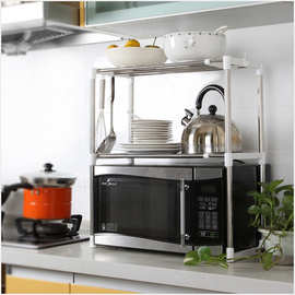 厂家一件代发创意厨房双层收纳架 功能不锈钢微波炉置物架