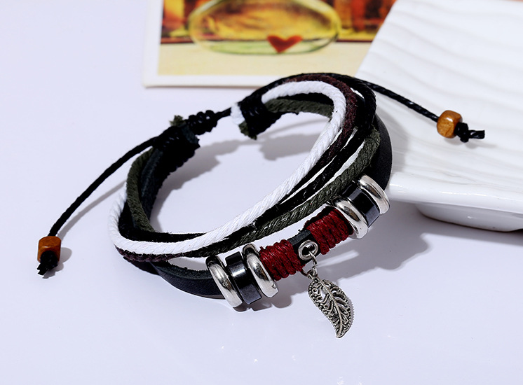 Fashion men and women leather bracelet leaf pendant handmade leather bracelet