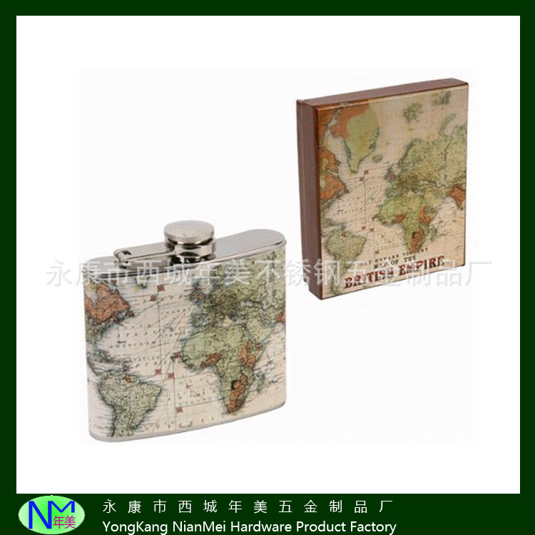直销精美PU包裹地图图案便携户外随身不锈钢酒壶