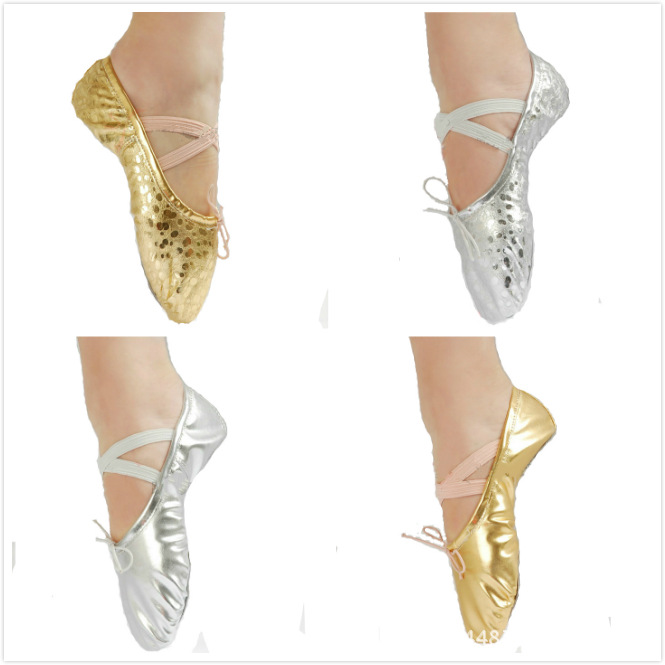 舞蹈鞋金色银色爆点亮革成人猫爪鞋儿童舞蹈鞋肚皮舞演出鞋