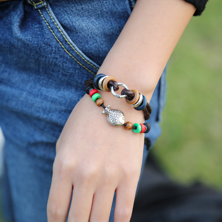 Alloy Fish Beaded Leather Bracelet Hot Recommended Leather Bracelet Wholesale display picture 4