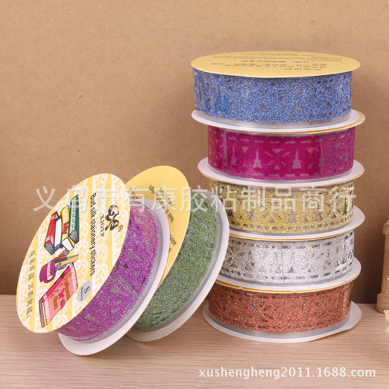 跨境创意镂空装饰炫金闪光金粉蕾丝胶带贴纸手帐背胶双面胶