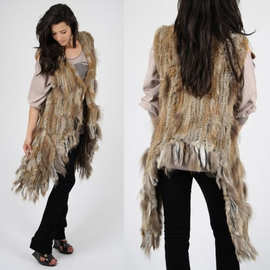 嫣然外贸新款 兔毛拼接貉子毛手工编织不对称流苏皮草背心马甲