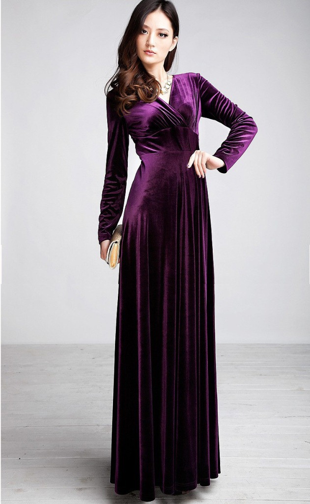 V-Neck Long-Sleeved Gold Velvet Long Dress NSYF47038