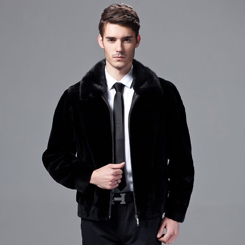 [Tailor machining customized mink Fur collar Rabbit Shearing Men's leather and fur business affairs coat Jacket