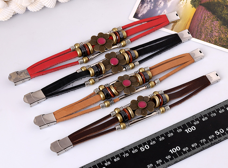 Hot selling beaded stainless steel buckle leather bracelet with adjustable length vintage handmade l