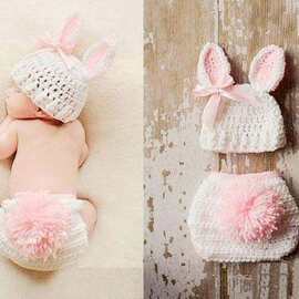 手工毛线小白兔造型服饰 婴儿满月百日照 儿童摄影服装拍照衣服