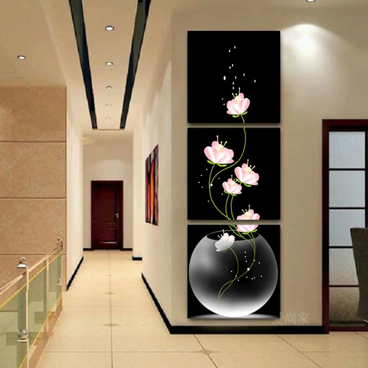 wholesale Manufactor Direct selling Vertical version Triptych-Pink bottle flower a living room Entrance decorative painting