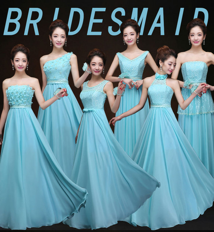 Aqua Bridesmaid dress long sister group blue evening wedding party dress host model show dress banquet one shoulder