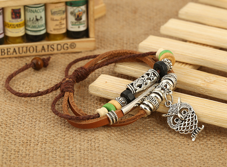 Vente Chaude Hibou Pendentif Perlé Véritable Bracelet En Cuir Hommes De Multi-couche Bovins En Cuir Bracelet Yiwu Accessoires En Gros display picture 2